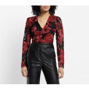 New Express floral, red black lace bodysuit top blouse sz M v neck sexy
